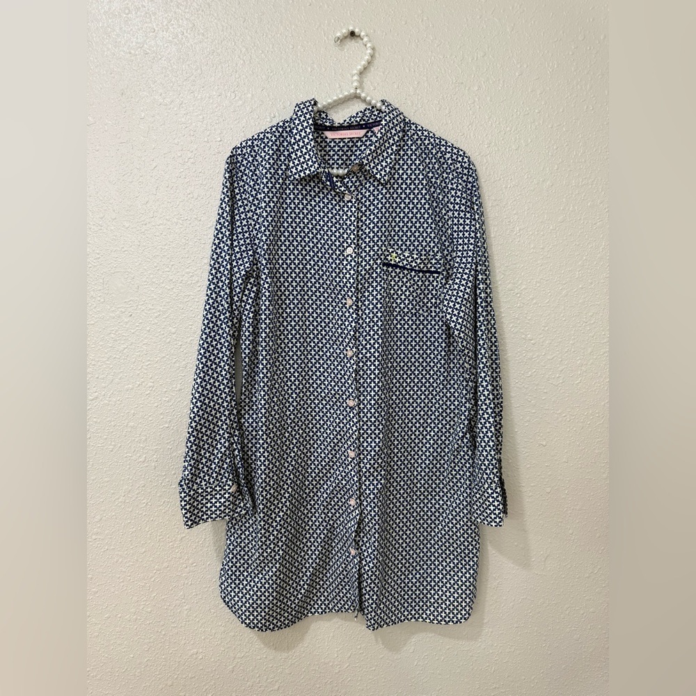 Victoria Secret Nightshirt Cotton Collared Sz Large Button-Up Blue-White